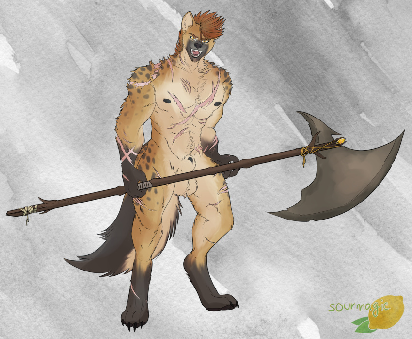 animal_genitalia anthro axe balls bittervow brown_body brown_fur claws fangs fur genitals gnoll grey_body grey_fur grey_hair grin hair hi_res hyena male mammal markings nipples nude orange_body orange_fur orange_hair pawpads paws red_hair scar sheath smile solo spots spotted_markings tan_body tan_fur teeth weapon yellow_eyes