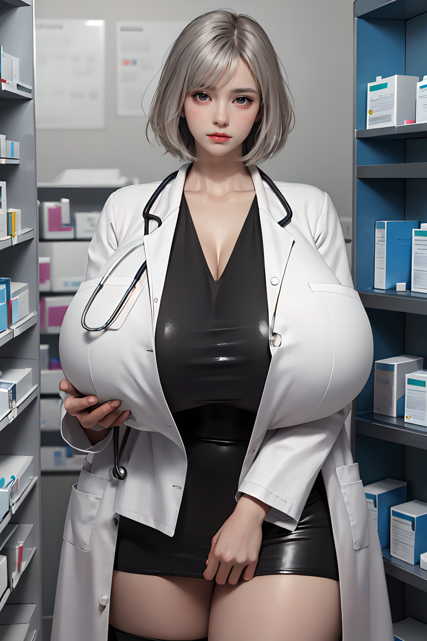 ai_generated ascentina asian asian_female big_breasts black_dress breasts breasts_bigger_than_head doctor gray_hair huge_breasts lab_coat labcoat light-skinned_female light_skin looking_at_viewer medicine neutral_expression nurse original original_character part_of_a_set pharmacist realistic solo solo_female solo_focus tight_clothing tired tired_eyes