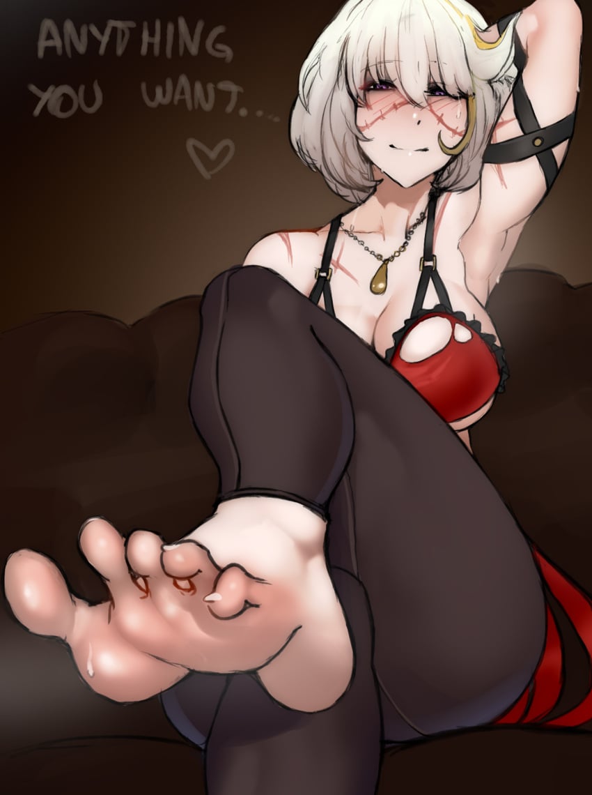 blush code_vein eva_roux feet foot_fetish necklace pantyhose purple_eyes red_bra scars scas smile toned_female white_hair