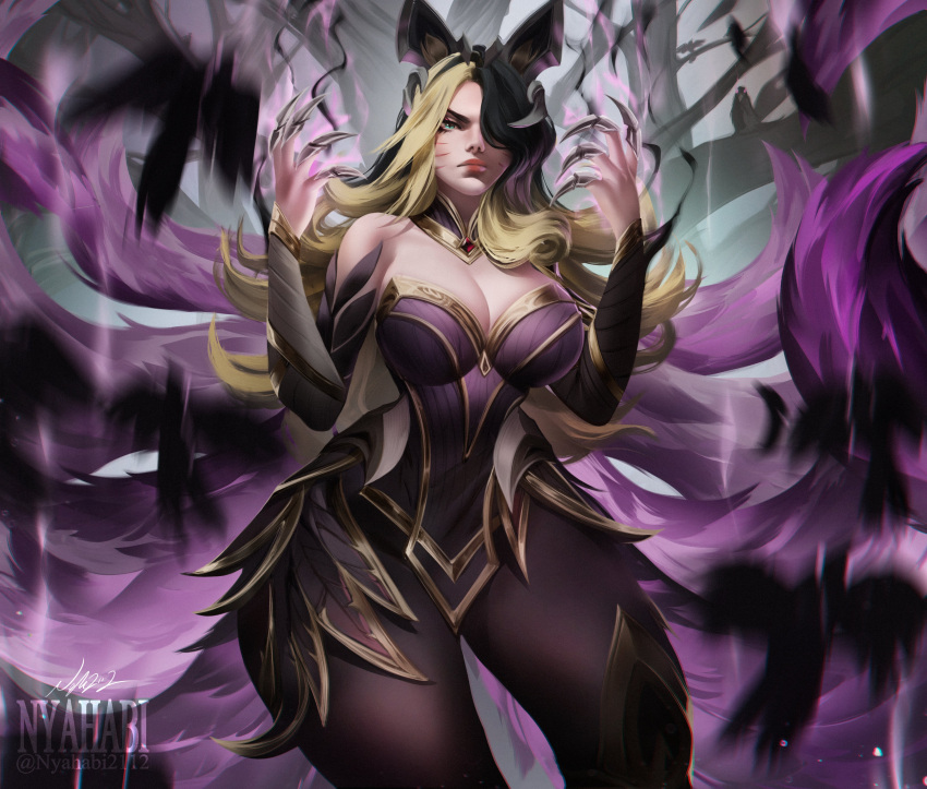 9_tails ahri angry animal_ear_fluff animal_ears animal_girl big_breasts black_hair blonde_hair breasts busty child_bearing_hips cleavage clothing coven_ahri curvaceous curves curvy curvy_body curvy_females curvy_figure curvy_hips eclipse_series eyelashes eyeliner eyeshadow facial_markings female fluffy fluffy_ears fluffy_tail fluffy_tails fox fox_ears fox_girl fox_tail furry_tail hair_over_one_eye hips hourglass_figure huge_breasts humanoid inner_ear_fluff kemonomimi kitsune large_breasts league_of_legends light-skinned_female light_skin lips long_hair multicolored_hair multiple_tails nine_tailed_fox nyahabi2112 pale-skinned_female pale_skin riot_games solo tail teal_eyes thick_thighs thighs vastaya video_games voluptuous wide_hips