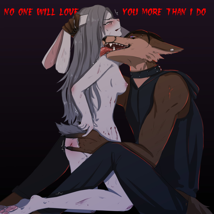 anal anthro ass blood blush bodily_fluids breasts canid canine clothed clothing duo female forced fox genital_fluids hair hi_res lagomorph leporid male male/female mammal nipples nude open_mouth penetration piercing questionable_consent rabbit rape simple_background smile submissive tail tears teeth text tongue yourumi