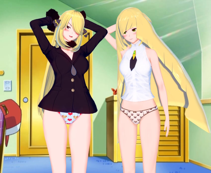 2girls 3d 3d_(artwork) bed bedroom blonde_female blonde_hair blush brown_eyes childish_panties cynthia_(pokemon) female female_focus female_only green_eyes hands_behind_head hat looking_at_viewer lusamine_(pokemon) milf onagazgreat panties pokemon pose posing smile smiling standing underwear