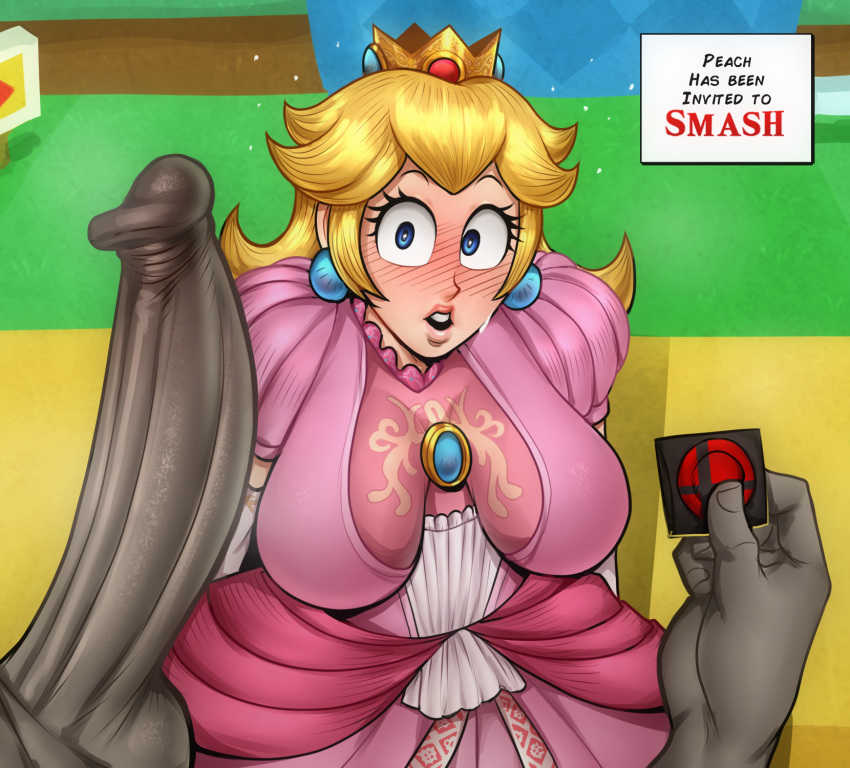 1boy 1girls big_penis blonde_hair blue_eyes blush blushing clothed clothing condom condom_in_hand detnox dress english_text female female_focus huge_cock imminent_sex long_hair looking_at_penis male mario_(series) nintendo penis penis_awe pink_dress princess_peach super_mario_bros. super_smash_bros. sweat sweatdrop tagme testicles text text_box