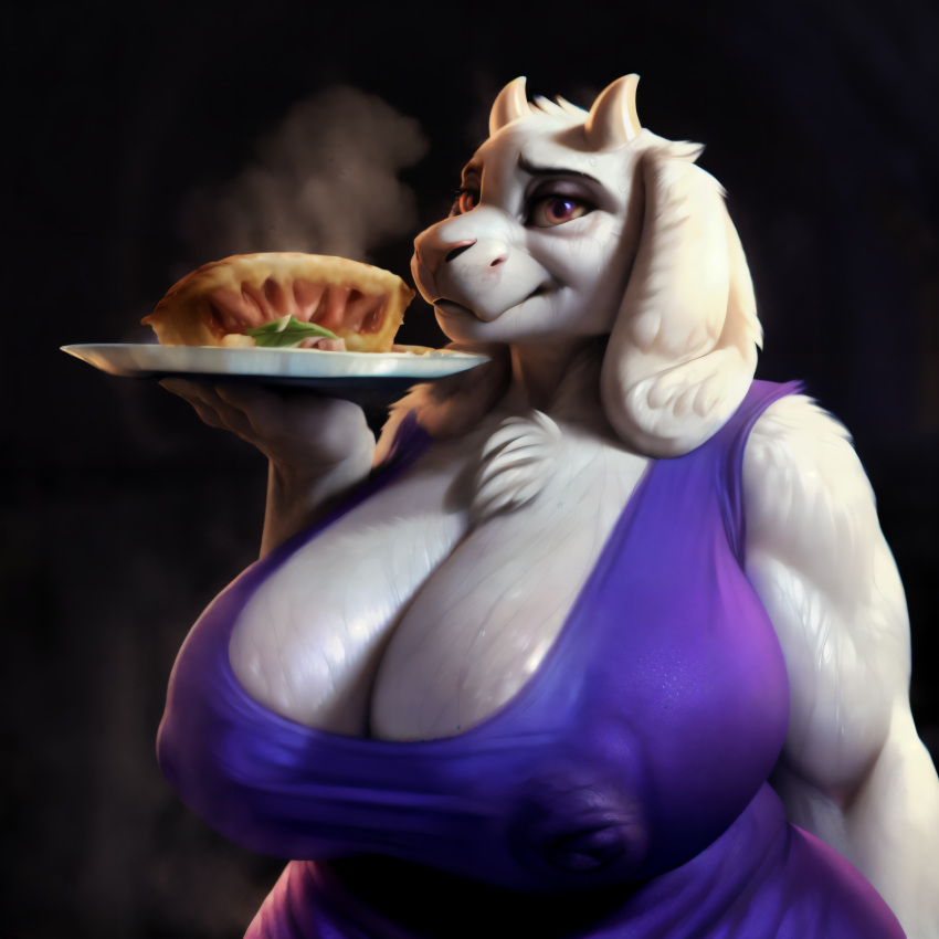 1girls ai_generated anthro areolae bbw belly_button big_belly big_breasts big_nipples breasts cellulite cleavage dress fat furry goat holding holding_pie hyper_breasts large_breasts looking_at_viewer matronai_(artist) mature mature_female mature_woman milf nipples nude obese overweight overweight_female pinup pussy self_upload ssbbw stable_diffusion sweat thick_thighs toriel undertale undertale_(series) wide_hips