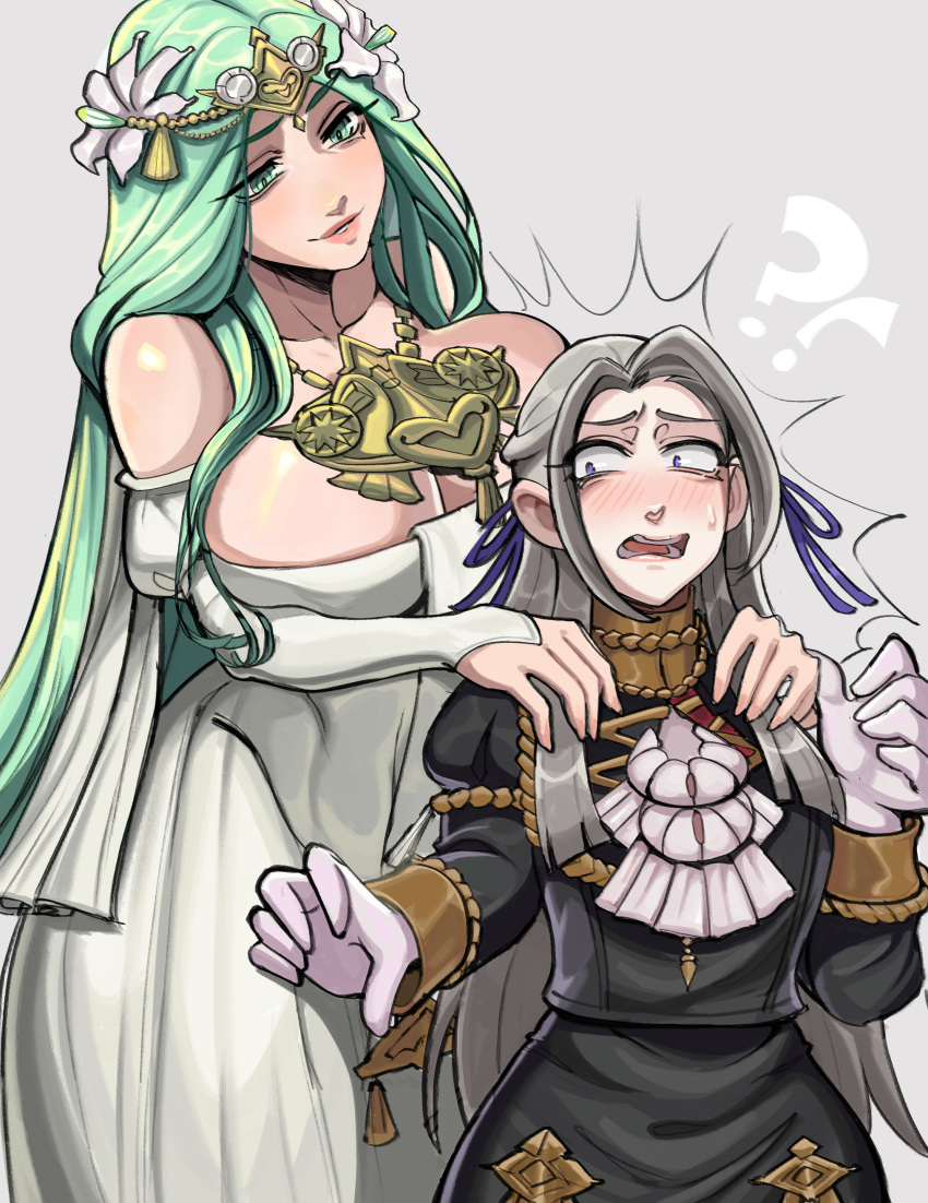 !? 2girls absurdres bojinkoo breast_press breasts cleavage commission cosita_art dress edelgard_von_hresvelg female_only femdom fire_emblem fire_emblem:_three_houses flower_in_hair fully_clothed garreg_mach_monastery_uniform gloves green_eyes green_hair grey_hair hair_ornament highres jewelry large_breasts lips long_hair mature mature_female multiple_girls nintendo open_mouth pressing_against purple_eyes rhea_(fire_emblem) silver_hair size_difference small_breasts surprised teeth thick_thighs voluptuous white_dress white_gloves white_hair wide_hips yuri