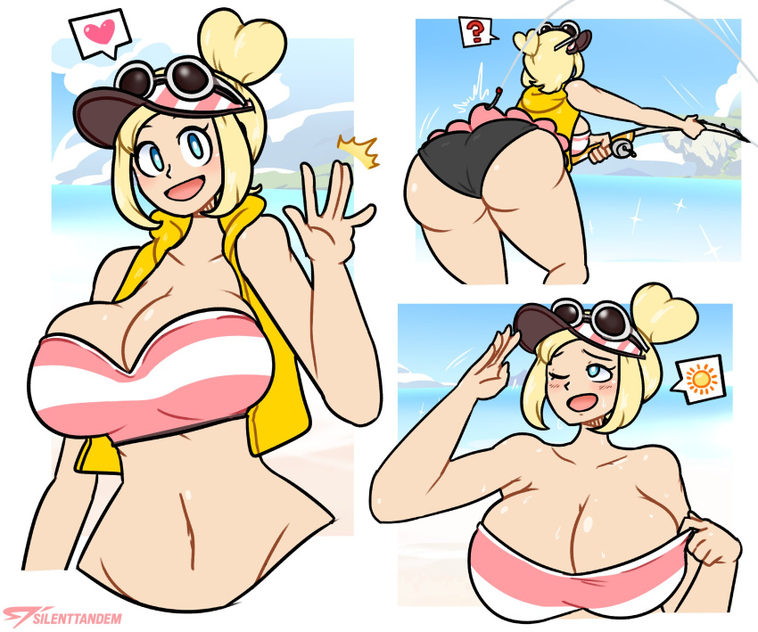 armpits ass beach belly_button big_ass big_breasts big_butt bikini bikini_bottom bikini_top blonde_female blonde_hair blonde_hair_female breasts cleavage coraline_(mii_plaza) female female_focus female_only fishing fishing_line fishing_rod hair_up mii multiple_images multiple_views nintendo outside short_hair silenttandem small_clothes small_clothing streetpass_mii_plaza striped striped_clothing sun sunlight sweat sweatdrop sweating sweaty sweaty_body sweaty_breasts thick_ass thick_thighs thighs tight_clothing tight_fit waving waving_at_viewer waving_hand