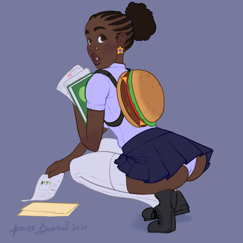 ass backpack brown_eyes butt dark_skin earrings folder hopelessbohemian looking_back mole panties paper papers piercing piercings purple_panties shoes skirt squatting squatting_position thigh_high_socks