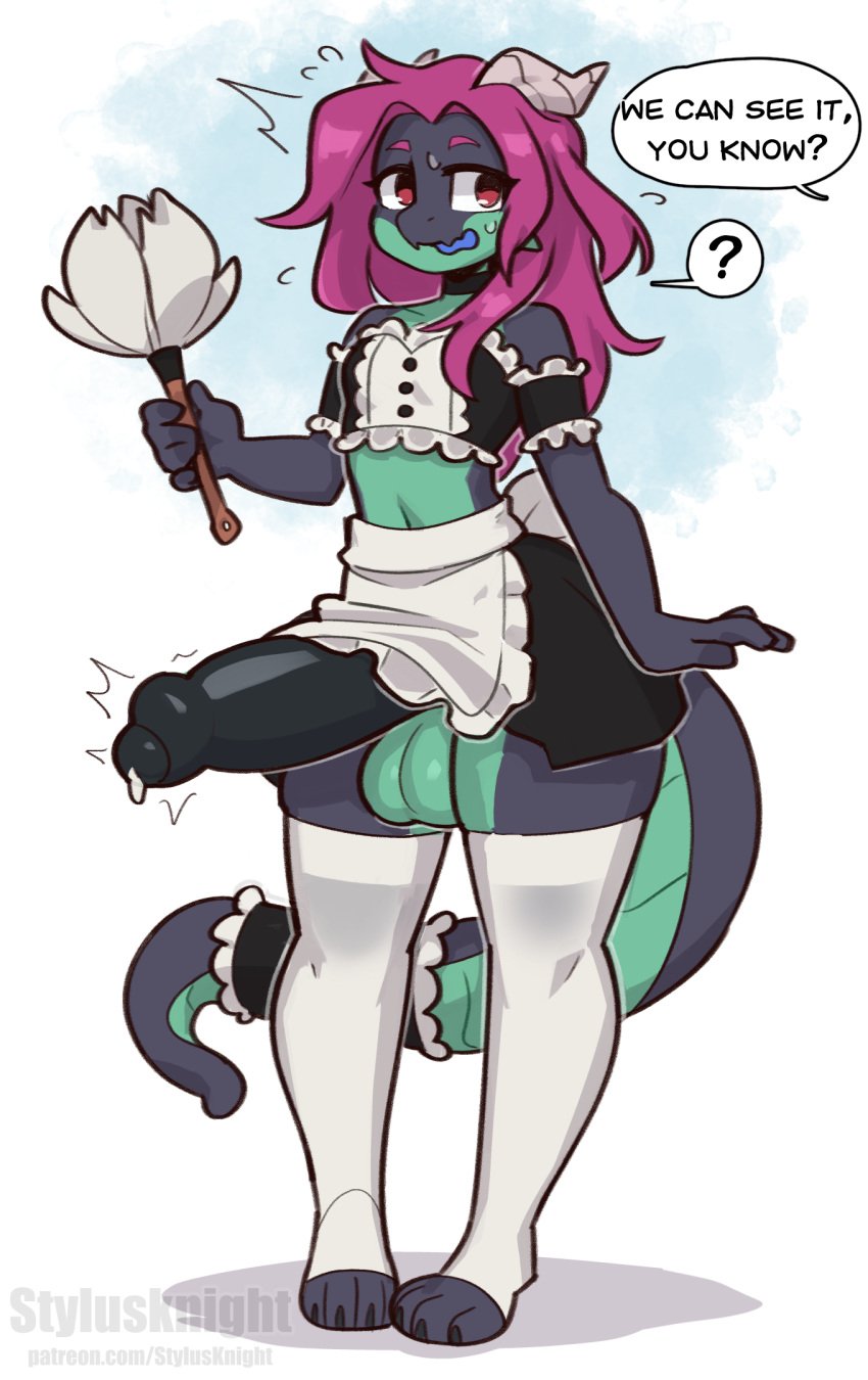 anthro bottomwear cleaning_tool clothed clothing dragon feather_duster genitals girly hi_res maid_uniform male no_underwear penis skirt stylusknight uniform