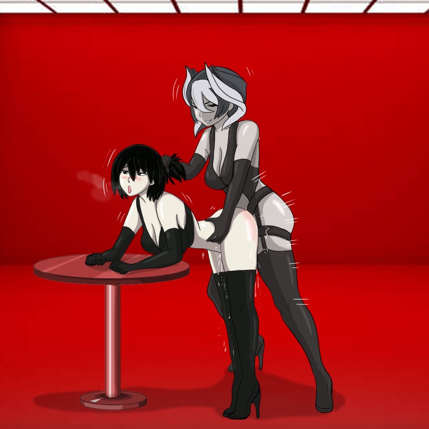 1futa 1girls 2023 ambiguous_penetration bakemonogatari big_breasts black_hair bottomless breasts clothed clothing crossover dominatrix duo elbow_gloves female futa_on_female futanari gloves hair_grab human latex latex_armwear latex_gloves latex_legwear made_in_abyss monogatari_(series) mostly_clothed mostly_nude oshino_ougi ozen spank_marks standing standing_doggy_style standing_sex thighhighs yohana