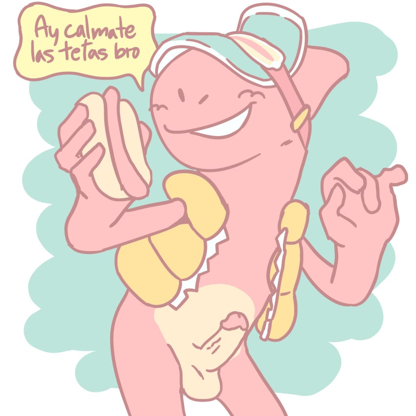 blush bottomless brawl_stars dinosaur doug_(brawl_stars) erect_penis food gay hat hotdog jacket male pastel simple_background spanish_text tagme