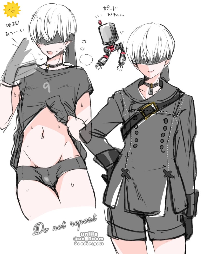 1boy android android_boy belly belly_button blindfold bothered bulge bulge_through_clothing choker clothed collar covered_eyes eyes_covered femboy feminine_male light-skinned_male light_skin male male_focus male_only mostly_clothed nagano_rira nier nier:_automata robot robot_boy short_hair smile smiling sweating sweaty sweaty_body thick thick_thighs thighs trap tummy twink unlila white_hair white_hair_male yorha_9s