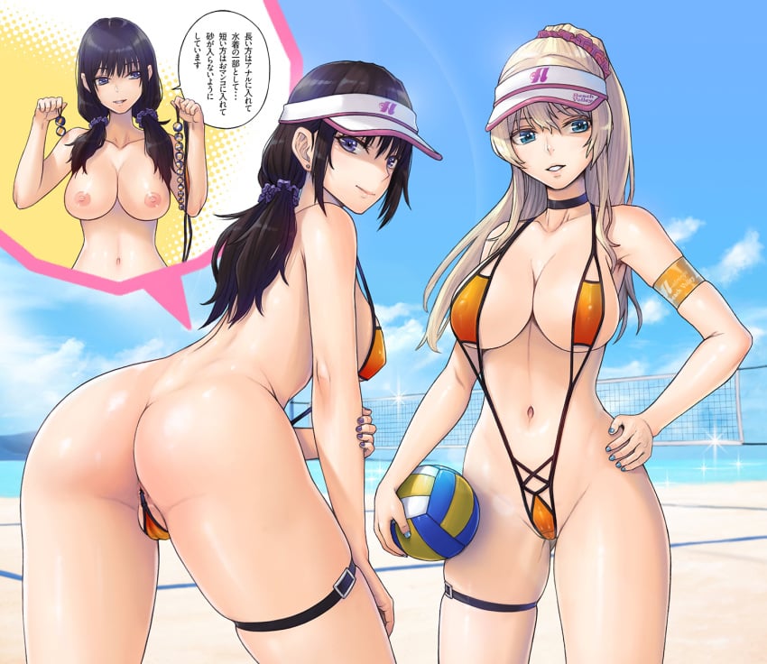 2girls anal anal_attached_clothing anal_ball_wear anally_anchored_clothing anus armband ass back beach_volleyball bikini black_hair blonde_hair blue_eyes blue_nails blue_sky breasts cameltoe choker cleavage cloud female female_only grin groin hand_on_own_hip highres leaning_forward long_hair multiple_girls navel nipples orange_bikini original outdoors purple_eyes sawaragi sky sling_bikini slingshot_swimsuit smile swimsuit thigh_strap translated visor_cap volleyball_net