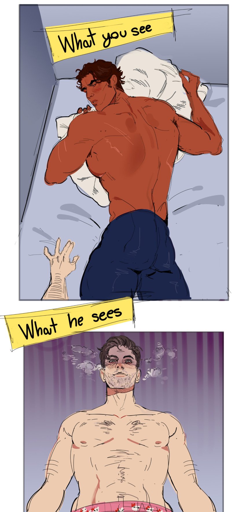 bed blush blushing_male creepy_smile funny gay irish_male latino_male looking_at_viewer looking_down looking_up male_only marvel meme mexican_irish mexican_male miguel_o'hara peter_b_parker pillow pillow_grab scar scars spider-man spider-man_(series) spider-man_2099 tight_shorts