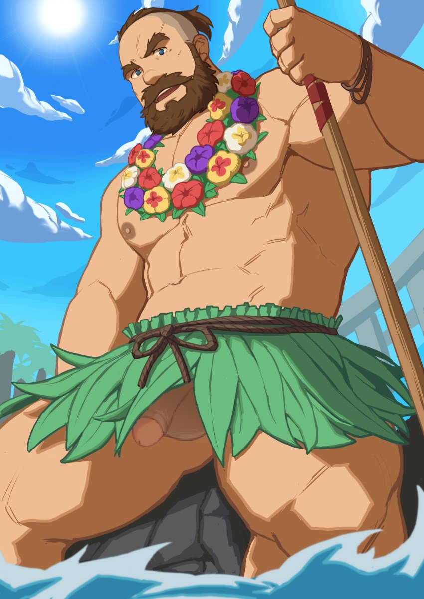 1boy 2021 abs balls bara barazoku beard biceps blue_eyes brown_hair censored dark_hair destroyer_(ni_no_kuni) dilf facial_hair flaccid flaccid_penis flower_necklace from_below gay genitals hair_slicked_back hairy hi_res highres holding holding_object holding_weapon leaf_clothing looking_at_viewer looking_down male male_focus male_nipples male_only manly muscles muscular muscular_arms muscular_legs muscular_male muscular_thighs ni_no_kuni ni_no_kuni_cross_worlds nipples nude ocean pecs penis penis_showing penis_under_clothes ryker slicked_back_hair solo solo_focus solo_male testicles tropical wet