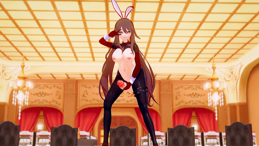 3d big_breasts casino futanari genshin_impact hu_tao_(genshin_impact) inverted_bunnysuit koikatsu light-skinned_futanari long_hair masturbation sitrine solo squatting thick_thighs twintails