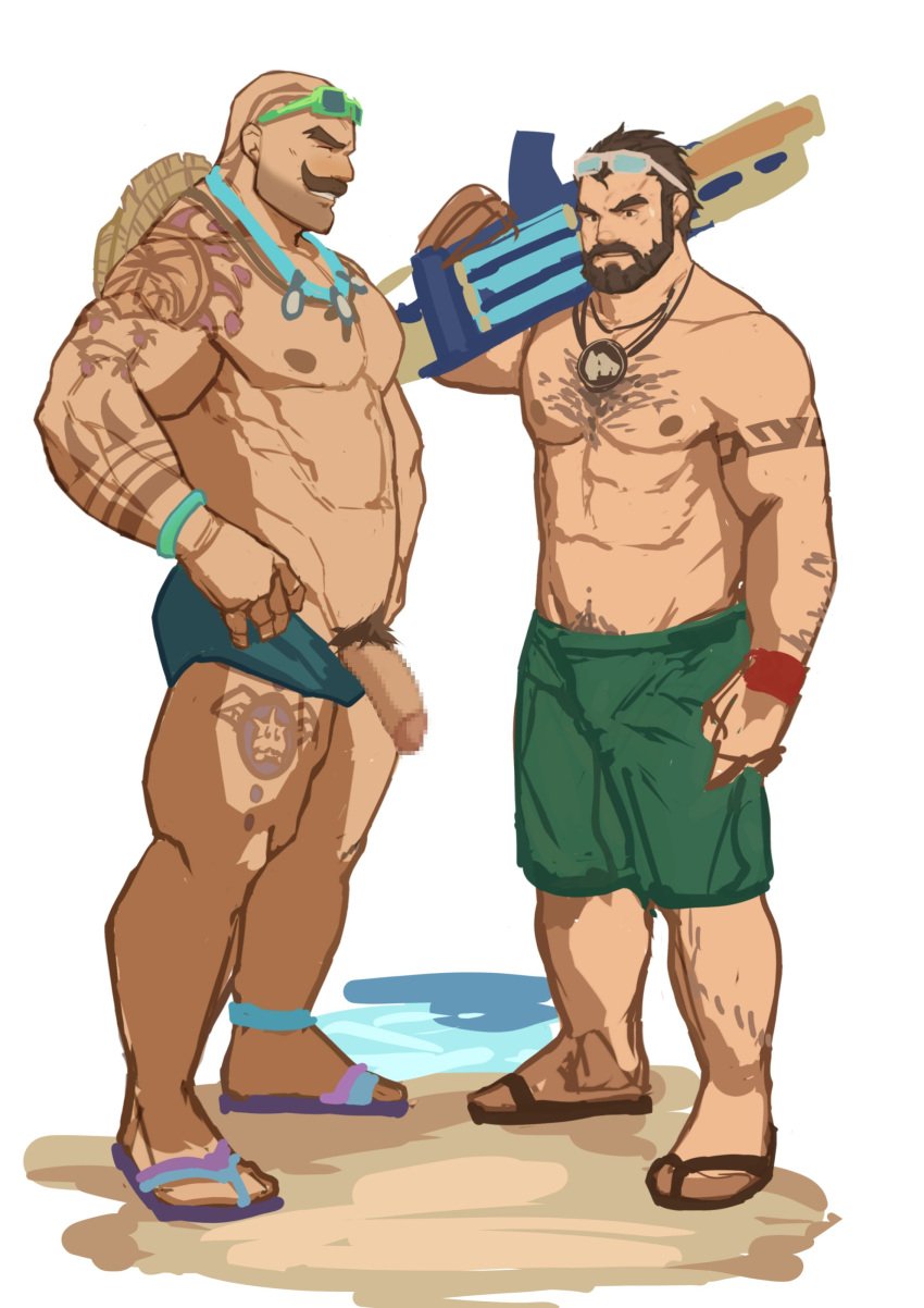 2boys abs bara barazoku beard biceps braum censored daddy facial_hair flaccid flaccid_penis gay graves_(league_of_legends) hairy hairy_arms hairy_chest hi_res highres league_of_legends male male/male male_focus male_nipples male_only male_pubic_hair manly muscles muscular muscular_arms muscular_legs muscular_male muscular_thighs nipples penis pool_party_braum pool_party_graves pool_party_series ryker solo solo_male swimwear yaoi