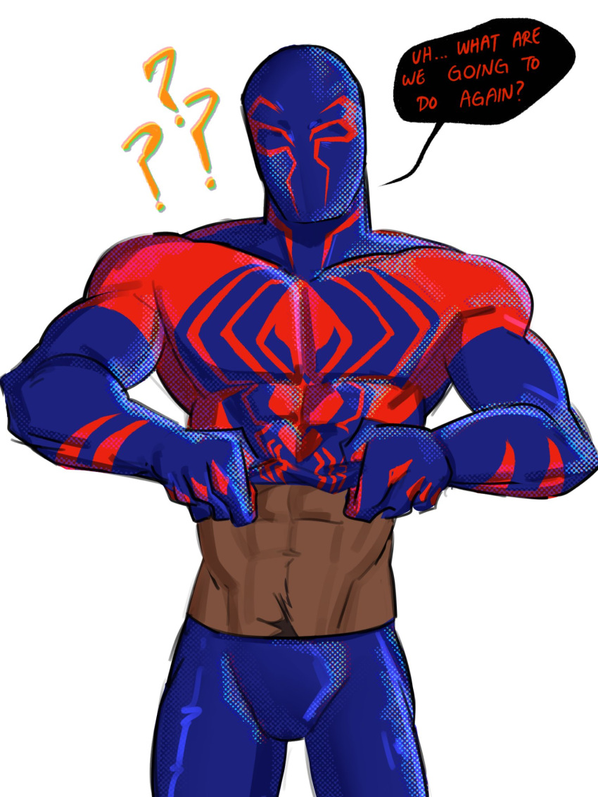 1boy 2023 abs bara barazoku biceps bluew bulge clothing dark-skinned_male dialogue english_text flaccid gay hi_res highres hispanic hispanic_male male male_focus male_only male_pubic_hair manly marvel miguel_o'hara muscles muscular muscular_arms muscular_male solo solo_male spider-man spider-man:_across_the_spider-verse spider-man_(series) spider-man_2099 taking_clothes_off text tight_clothing