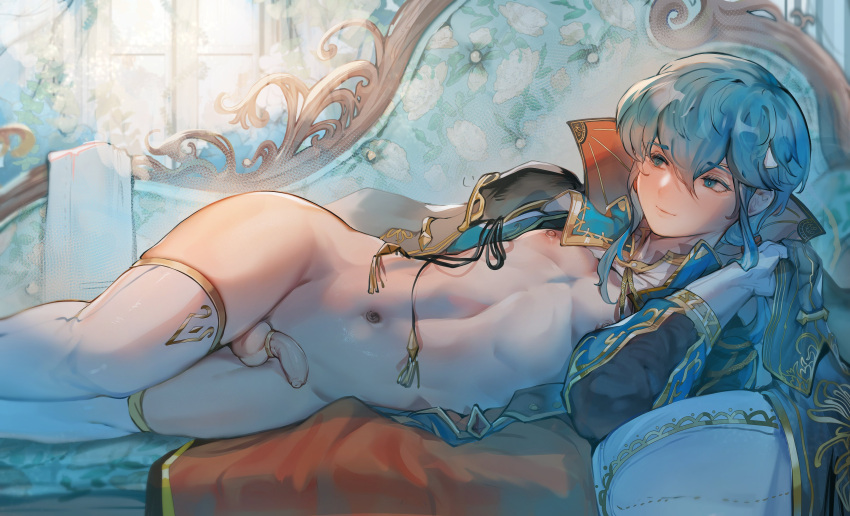 1boy absurdres arm_behind_back blue_eyes blue_hair blush byebyefrog byefrog chinese_commentary cock_ring couch erection femboy fire_emblem fire_emblem:_genealogy_of_the_holy_war flat_chest from_side gloves hair_between_eyes headband highres indoors long_hair looking_to_the_side male male_focus male_only naked_thighhighs navel nintendo nipples nude nude_male on_couch on_side open_clothes otoko_no_ko penis puffy_nipples seliph_(fire_emblem) seliph_(scion_of_light)_(fire_emblem) sex_toy shiny_skin skindentation smile solo testicles thighhighs thighs uncensored white_gloves white_thighhighs