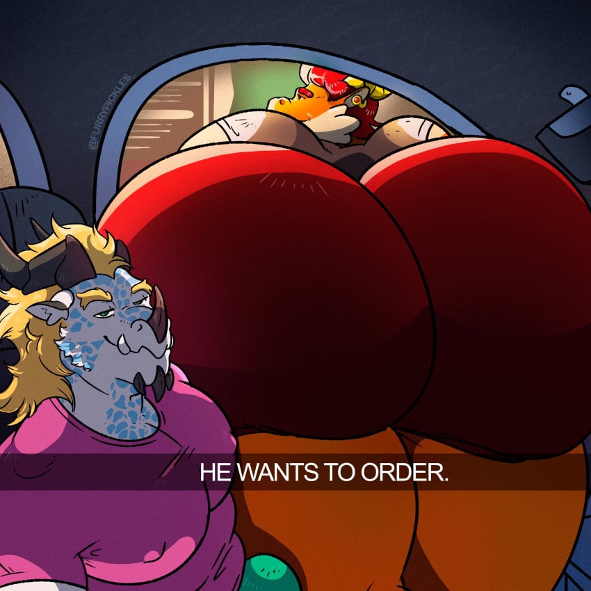 2boys big_ass big_butt big_chest big_pecs car dragon dragon_himbo drive-thru furrypickles gay hanging_out_of_window he_wants_to_order horns huge_ass huge_butt lucio_soliz male/male male_only meme orange_body ordering_food pecs red_hair