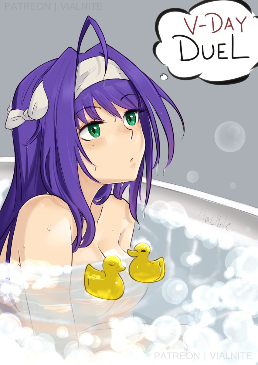 1girls ahoge bathtub breasts commentary convenient_censoring female female female_only fire_emblem fire_emblem:_path_of_radiance fire_emblem:_radiant_dawn green_eyes hairband highres long_hair medium_breasts mia_(fire_emblem) nintendo nude partially_submerged purple_hair rubber_duck solo thought_bubble upper_body vialnite water white_hairband