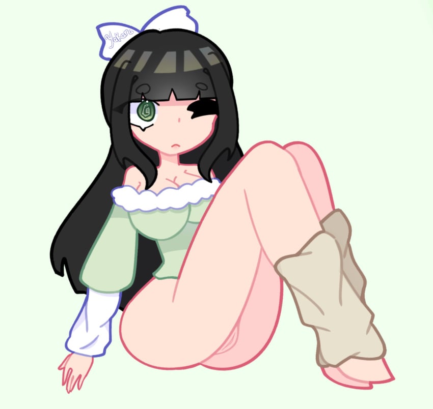 2023 black_hair bow clothing colored crop_top green_eyes green_shirt hand legs one_eye_closed pussy roblox roblox_avatar robloxian sitting watermark yakara