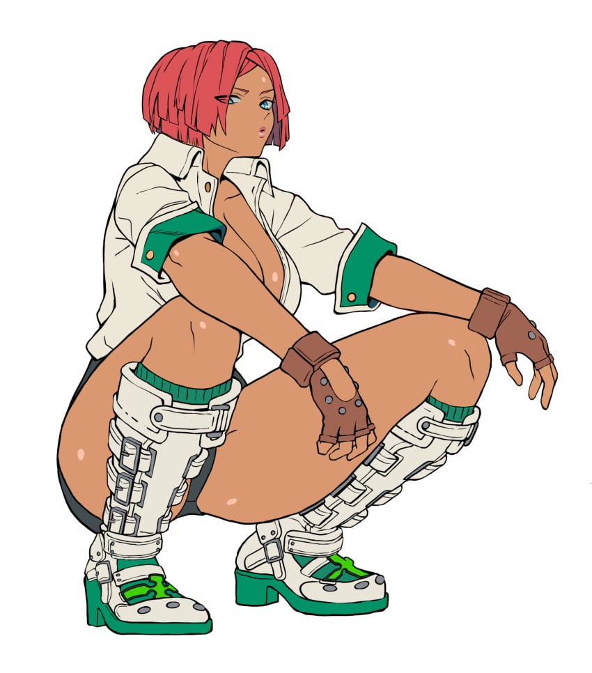 1girls big_breasts boots brazilian brazilian_female breasts breasts_bigger_than_head brown_skin byunsang_(artist) emotionless expressionless female female_focus female_only giovanna_(guilty_gear) green_socks guilty_gear guilty_gear_strive heel_boots heels hi_res highres knee_socks kneehighs kneesocks looking_at_viewer panties simple_background socks socks_and_boots squatting tan_body tanned_female tanned_skin thick_thighs thighs