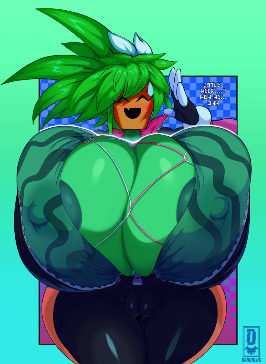 1girls big_breasts blaster_master blush blush_stickers boob_window breasts breasts_bigger_than_head cameltoe clothed clothing daiidalus erect_nipples female female_only green_body green_hair green_skin huge_breasts hyper_breasts intertwined_cleavage kanna_(blaster_master) large_breasts long_hair looking_at_viewer nipple_bulge nipples nipples_visible_through_clothing no_bra open_mouth plantie smile solo solo_female top_heavy vhsdaii wide_hips