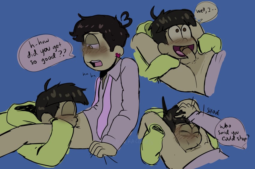 blowjob blushing_profusely brothers dialogue gay incest matsuno_jyushimatsu matsuno_todomatsu partially_clothed pushing_head_down pushing_head_towards_fellatio sleeves_past_wrists small_penis twincest twins yaoi