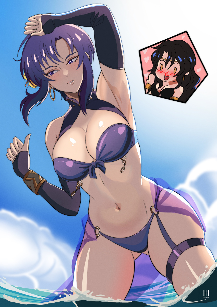 2girls absurdres alternate_costume arm_up armpits ass_visible_through_thighs bandeau bare_shoulders bikini black_bikini black_hair black_swimsuit blood blue_sky breasts chibi cleavage cloud commission day detached_sleeves earrings english_commentary female female_only fire_emblem fire_emblem:_the_blazing_blade fire_emblem_heroes highres hoop_earrings ihsnet jewelry large_breasts long_sleeves multiple_girls navel nintendo nosebleed official_alternate_costume purple_bikini purple_eyes purple_hair purple_swimsuit short_hair sky sonia_(fire_emblem) standing stomach swimsuit thigh_strap thighs ursula_(fire_emblem) ursula_(summer)_(fire_emblem) wading water