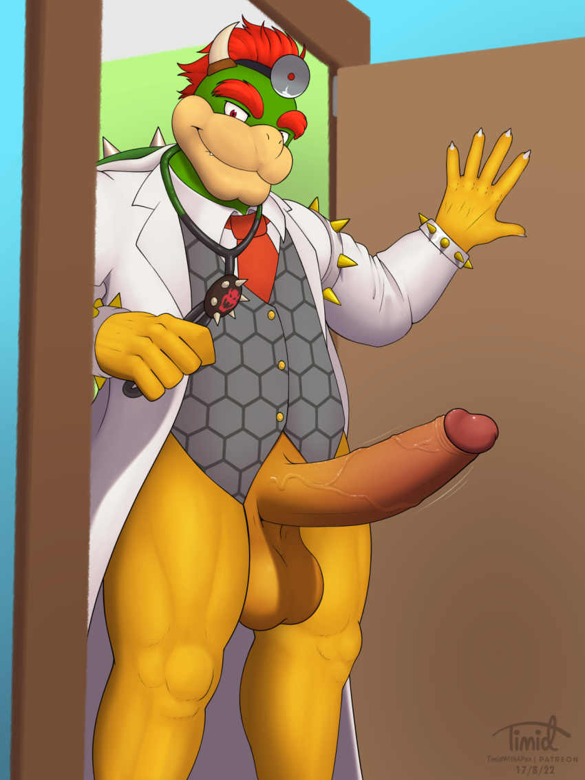 1boy 3:4 anthro balls bara bottomless bowser clothed clothing coat digital_media_(artwork) dr._bowser dr._mario_(series) erection gay genitals hair hi_res horn humanoid_genitalia humanoid_penis koopa lab_coat male male_only mario_(series) necktie nintendo penis red_hair scalie shell simple_background solo spikes stethoscope timidwithapen topwear vein veiny_penis