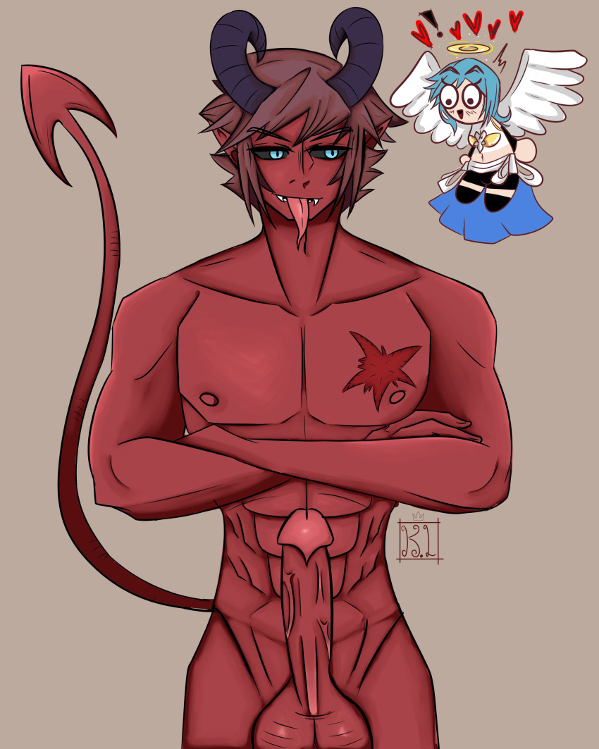 angel aqua_(kingdom_hearts) balls big_balls big_penis big_testicles blue_eyes blue_hair brown_hair cock demon_horns demon_tail demon_tongue heart kingdom0lian kingdom_hearts male_focus muscles muscular_male red_cock scar self_upload sora sora_(kingdom_hearts) surprised tail testicles tongue veins veiny_penis wings