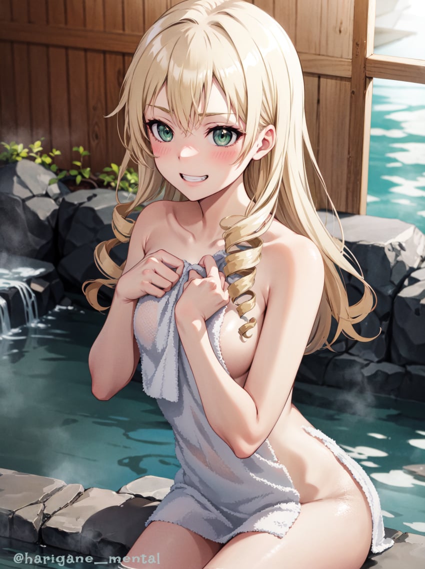 1girls ai_generated bad_anatomy blonde_hair blush collarbone green_eyes harigane_mental hi_res highres holding_towel hot_spring long_hair miura_yumiko my_teen_romantic_comedy_snafu partially_clothed slender smile solo_female solo_focus thighs towel water