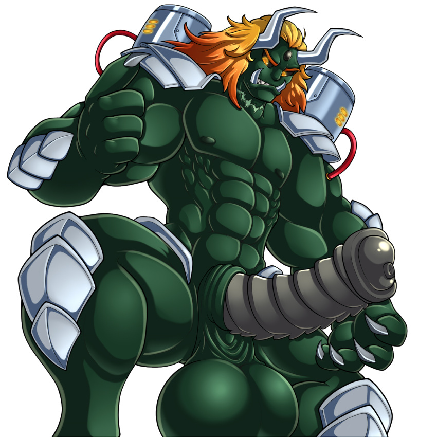 1:1 2023 2_horns 5_fingers abs adjatha armor balls big_balls big_penis black_sclera blonde_hair clawed_fingers cybernetics cyborg erection fingers forehead_gem genitals green_body green_skin grey_horn hair hi_res horn horned_humanoid huge_balls huge_cock humanoid machine male male_only mostly_nude muscular muscular_humanoid muscular_male neil_(tits) orc orc_male pecs penis sharp_teeth simple_background sole_male solo solo_male story story_in_description teeth thick_thighs thraggen trials_in_tainted_space tusks unconvincing_armor white_background yellow_eyes