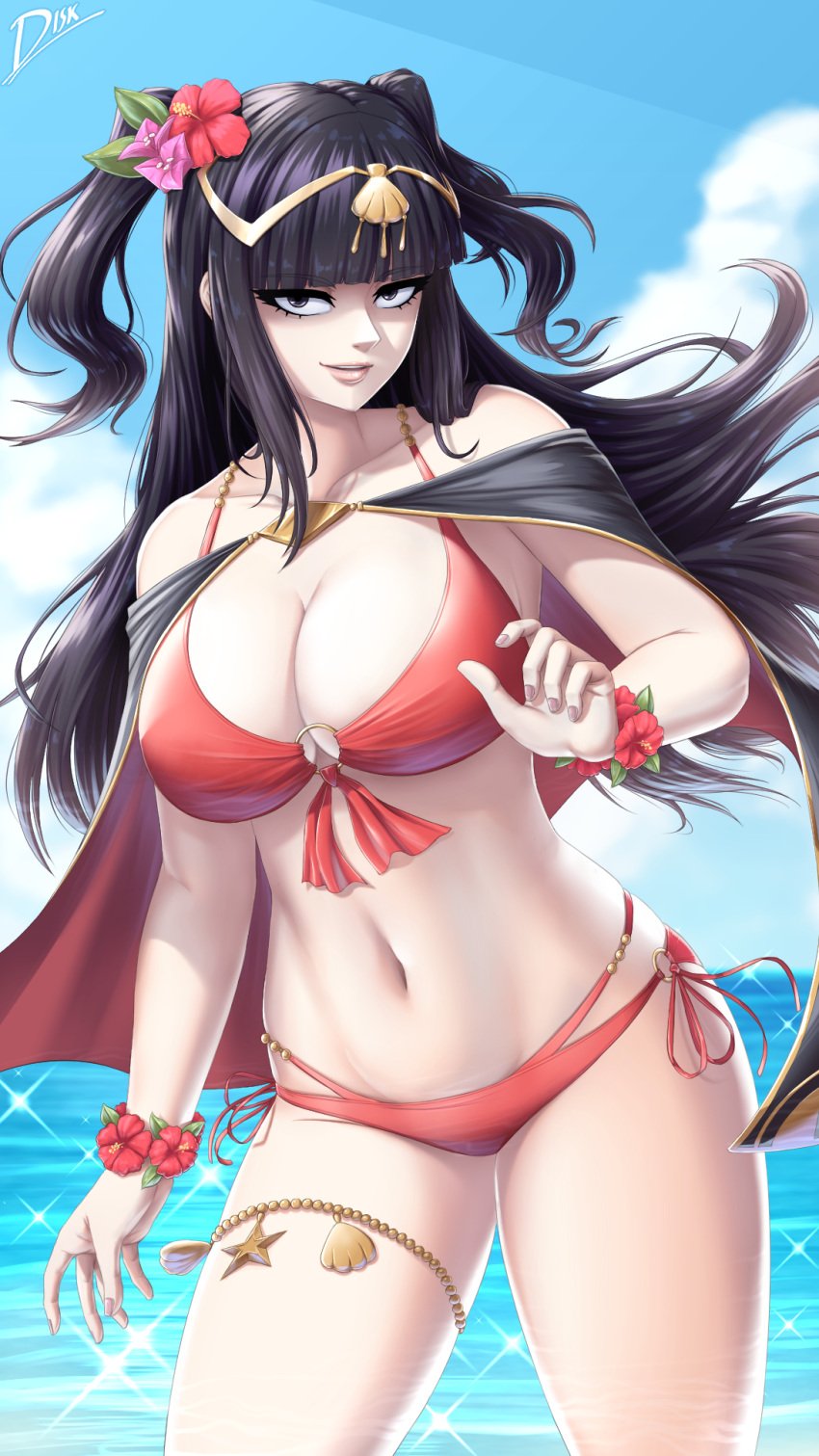 1girls alternate_costume bikini black_eyes black_hair blunt_bangs bracelet breasts cape cleavage cloud cowboy_shot diskette female female_only fire_emblem fire_emblem_awakening fire_emblem_heroes flower flower_bracelet flower_in_hair fringe gold_trim hair_flower hair_ornament highres jewelry large_breasts light-skinned_female light_skin long_hair looking_at_viewer navel nintendo o-ring o-ring_bikini o-ring_top ocean official_alternate_costume outdoors red_bikini red_swimsuit sea seashell seductive_smile shell signature smile solo sparkle star_(symbol) swimsuit tharja_(fire_emblem) tharja_(summer)_(fire_emblem) tiara twintails two-tone_cape