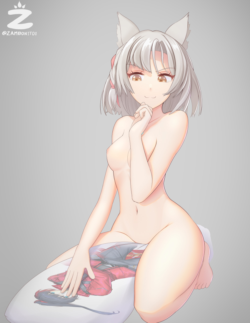 absurdres animal_ears artist_logo artist_name breasts cat_ears dakimakura_(object) female hair_tie hand_up highres medium_hair mio_(xenoblade) navel noah_(xenoblade) nude pillow small_breasts smirk solo straddling twitter_username xenoblade_(series) xenoblade_chronicles_3 yellow_eyes zambonito