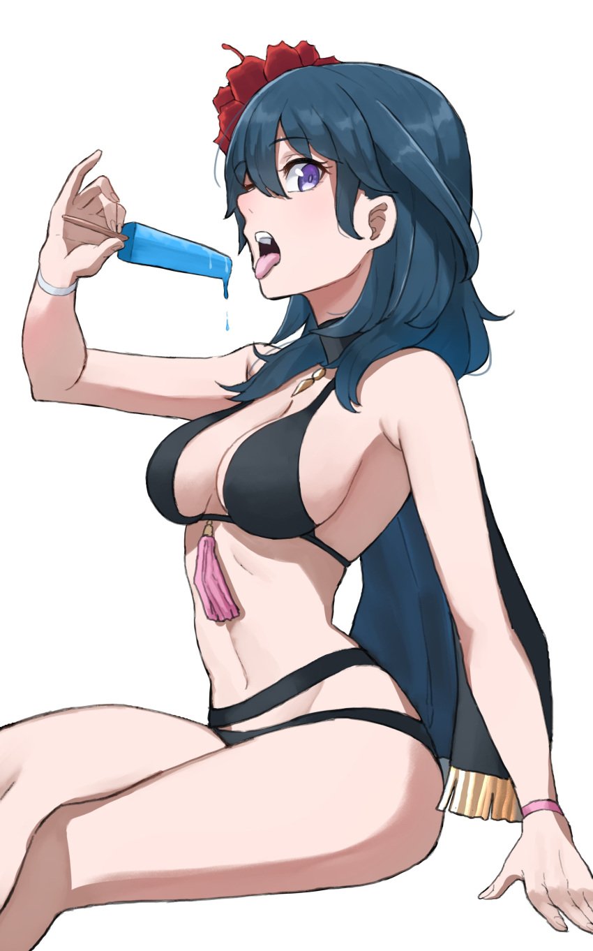 1girls absurdres alternate_costume arm_support bare_arms bare_shoulders bikini black_bikini black_swimsuit blue_hair breasts byleth_(female)_(fire_emblem) byleth_(female)_(summer)_(fire_emblem) byleth_(fire_emblem) byleth_(fire_emblem)_(female) commentary female female_only fire_emblem fire_emblem:_three_houses fire_emblem_heroes flower food grimmelsdathird hair_flower hair_ornament hand_up highres holding holding_food large_breasts long_hair looking_at_viewer navel nintendo official_alternate_costume open_mouth popsicle purple_eyes red_flower simple_background sitting solo stomach swimsuit thighs white_background