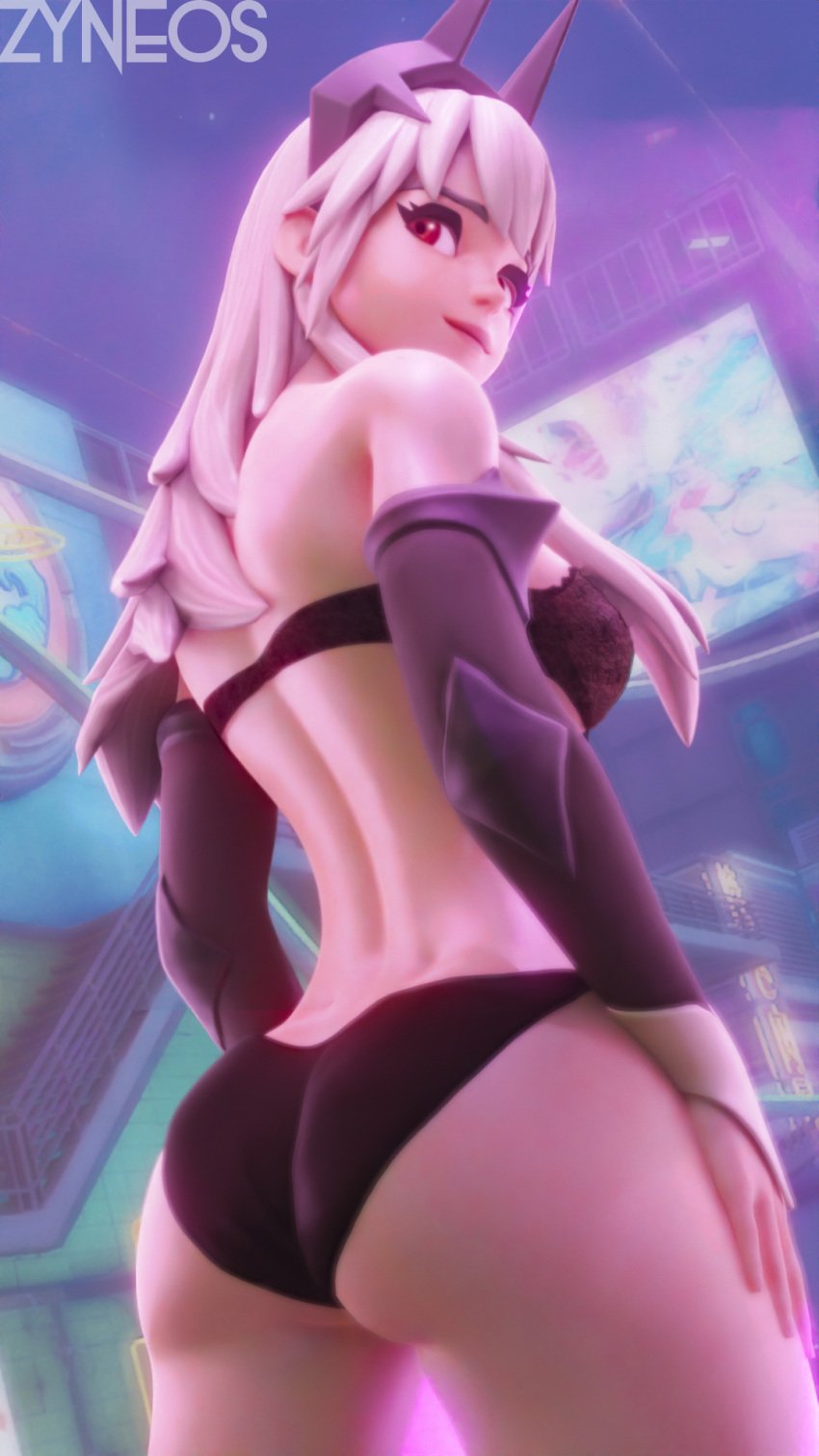 1female 3d 
black_panties ass ass_focus back back_facing_viewer back_view bra butt city city_background cityscape clothed color detached_sleeves detailed_background female female_focus female_only fortnite hair_on_breasts hair_ornament lexa_(fortnite) long_hair neon_lights not_looking_at_the_viewer panties princess_lexa_(fortnite) red_eyes white_hair zyneos