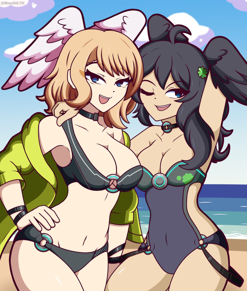 2girls breasts eunie_(xenoblade) female female_only monolith_tk multiple_girls nintendo swimsuit wings wings_on_head xenoblade_(series) xenoblade_chronicles_3