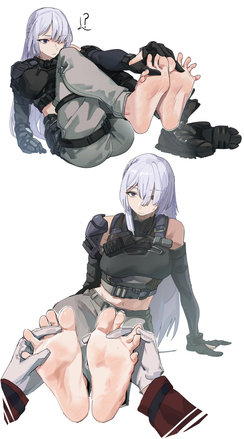 absurdres ak-15_(girls'_frontline) barefoot er_ling_balu feet feet_up female flexible_toes foot_fetish foot_focus girls'_frontline highres looking_at_viewer no_shoes pinky_toe soles spread_toes toe_scrunch toes white_hair