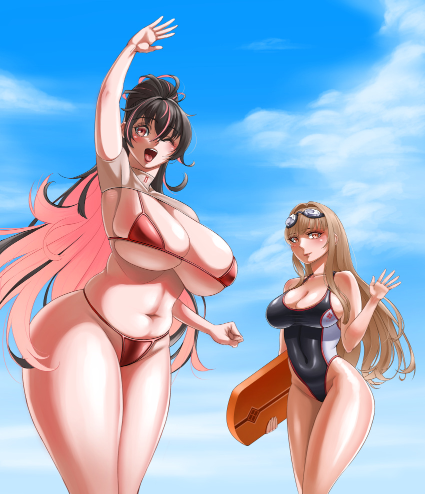 2girls absurd_res arm_up armpit beach bikini black_hair blonde_hair blush breasts cleavage cleavage_overflow female female_only goddess_of_victory:_nikke goggles goggles_on_head hair_intakes holding_object huge_breasts light-skinned_female light_skin lipstick long_hair looking_at_viewer multiple_girls navel official_alternate_costume one-piece_swimsuit one_eye_closed open_mouth pink_hair quency_(nikke) rapi_(classic_vacation)_(nikke) rapi_(nikke) red_eyes sheng_wei surfboard swimsuit thick_thighs thighs two_tone_hair waving waving_at_viewer