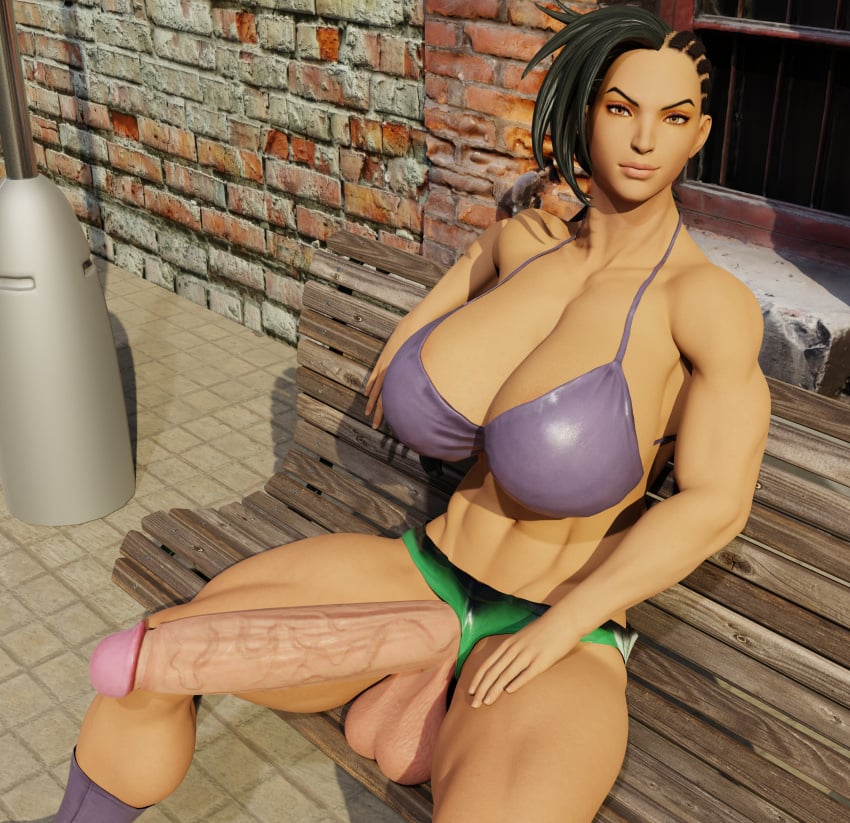 3d abs big_breasts big_testicles brazilian brazilian_futa futa_only futanari laura_matsuda looking_at_viewer manufatura muscles muscular_female posing self_upload sitting street_fighter thick_legs thick_penis thick_thighs veins