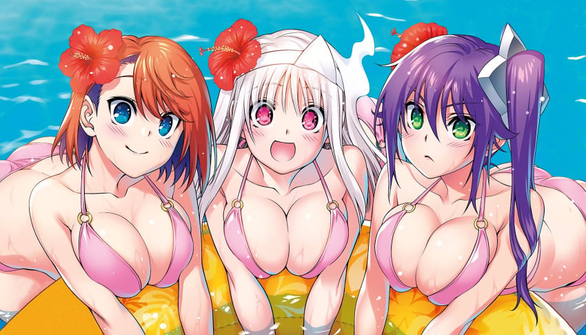 10s 3girls ameno_sagiri ass bikini blue_eyes breasts cleavage flower green_eyes highres large_breasts long_hair looking_at_viewer miura_tadahiro miyazaki_chisaki multiple_girls partially_submerged pink_bikini purple_hair source_request strap_gap swimsuit tagme tareme tsurime yunohana_yuuna yuragisou_no_yuuna-san