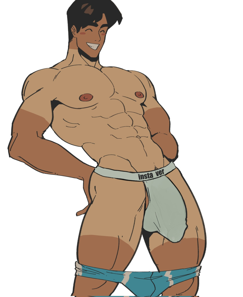 1boy abs big_bulge blush bulge_through_clothing dark_hair jockstrap lad male male_nipples male_only muscular_male muscular_thighs pecs serratus serratus_anterior smiling solo speedo speedo_down tan_body tan_skin toumaart v-line