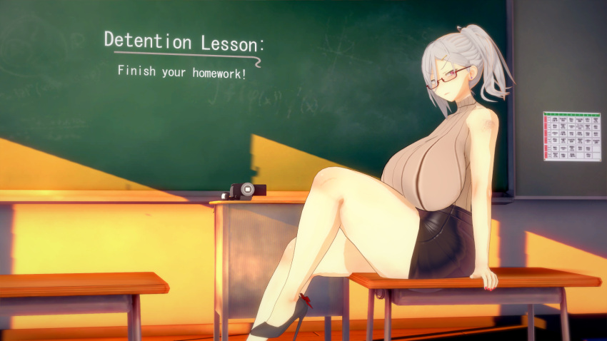 camera chalkboard chalkboard_writing classroom detention emilia_ludwell glasses heels huge_breasts looking_at_viewer maou_gakuin_no_futekigousha pov sweater teacher thick_thighs