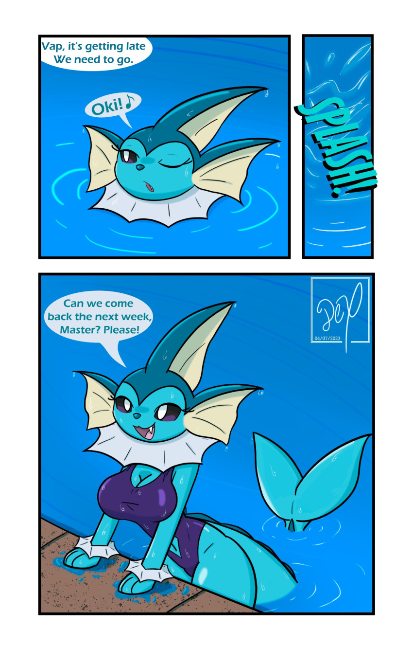 anthro black_eyes blue_body blue_fur color cute eeveelution fish furry furry_only generation_1_pokemon medium_breasts nintendo not_porn pokemon pokemon_(species) showers_(pokemon) swimming swimming_pool swimsuit text text_bubble vaporeon water white_eyes