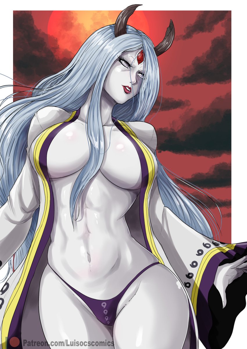 3_eyes alien_girl barely_clothed big_breasts breasts byakugan curvaceous gilf goddess grey_eyes horns kimono lipstick luisocscomics makeup mature mature_female mature_woman milf mostly_nude multi_eye naruto naruto_(series) naruto_shippuden no_bra otsutsuki_kaguya pale-skinned_female pale_skin panties pinup red_eye rinne_sharingan very_long_hair voluptuous white_hair white_skin wide_hips