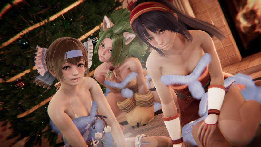 3d 3girls bra breasts brown_eyes brown_hair cham_cham christmas_clothing christmas_outfit christmas_tree cleavage female female_only fingerless_gloves green_hair hair_ribbon long_hair looking_at_viewer medium_breasts multiple_girls nakoruru purple_hair rimururu samurai_shodown short_hair sisters small_breasts smile snk