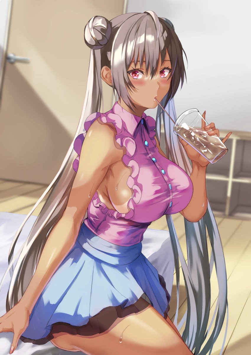 big_breasts big_breasts big_breasts drinking gray_hair ice pink_eyes sipping skirt sweat thewindofscarl1