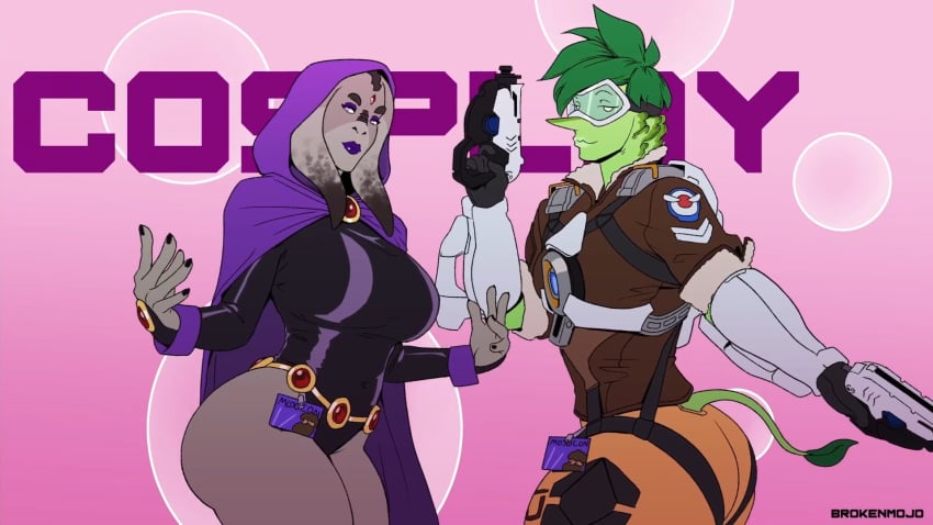 2girls alien_girl ass blizzard_entertainment breasts brokenmojo clothing cosplay dc dc_comics english_text green_hair green_skin holding_weapon large_ass large_breasts leotard looking_at_viewer overwatch overwatch_2 purple_eyes purple_lipstick raven_(cosplay) simple_background tail teen_titans text thick_thighs thighs tracer_(cosplay) tummy