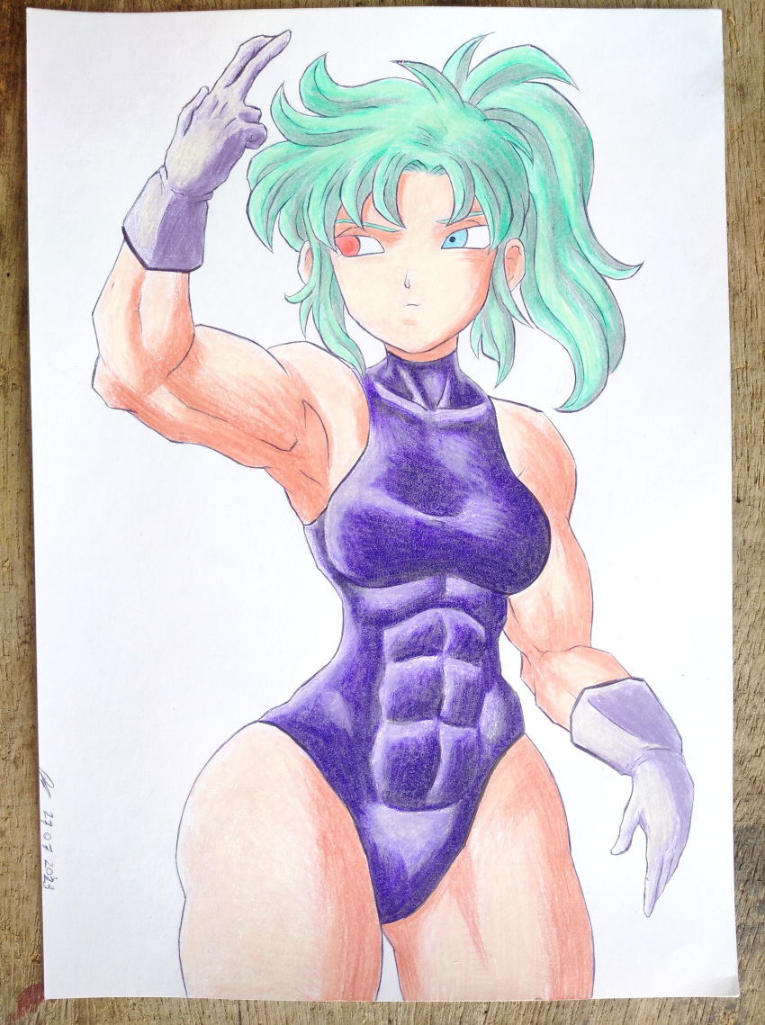 alien alien_girl armpits arms_up aura big_hair black_clothes blue_eyes breasts brown_hair cerealian curly_hair curves curvy curvy_body curvy_female curvy_figure curvy_hips curvy_thighs dragon_ball_super drawing fanfic_art female gloves green_hair heterochromia hips humanoid kurisupi_(yamidanight) legs long_hair manga_style oc original_artwork original_character purple_gloves pussy red_eyes shaved_pussy shueisha skin traditional_art traditional_drawing_(artwork) traditional_media traditional_media_(artwork) uncensored yamidanight